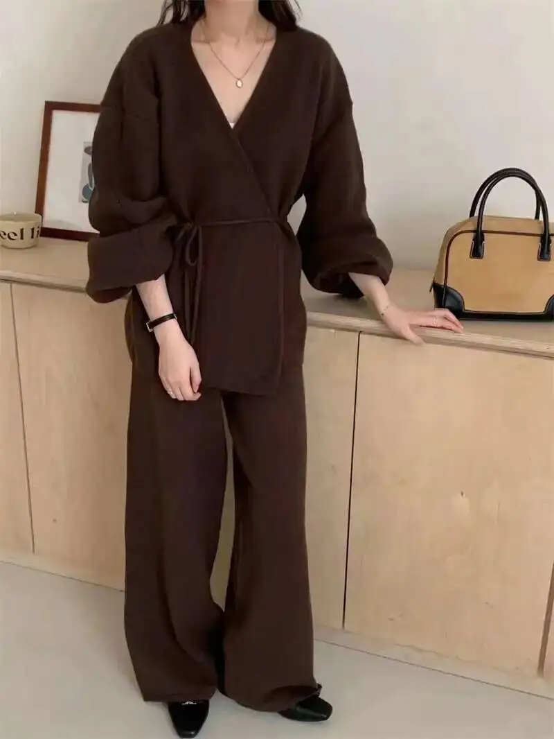 [EWQ] Fashion V-neck Long Sleeve Lace Up Sweater And High Waist Trousers Casual Women Knit Set Clothing 2025 Autumn New 16O1719