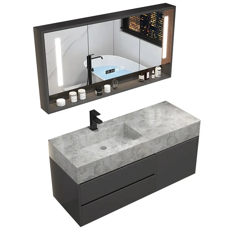 Wall Mounted Shower Cabinet Luxury Wood Bathroom Vanity Cabinet Set Led Mirror With Integrated Cabinet Basin