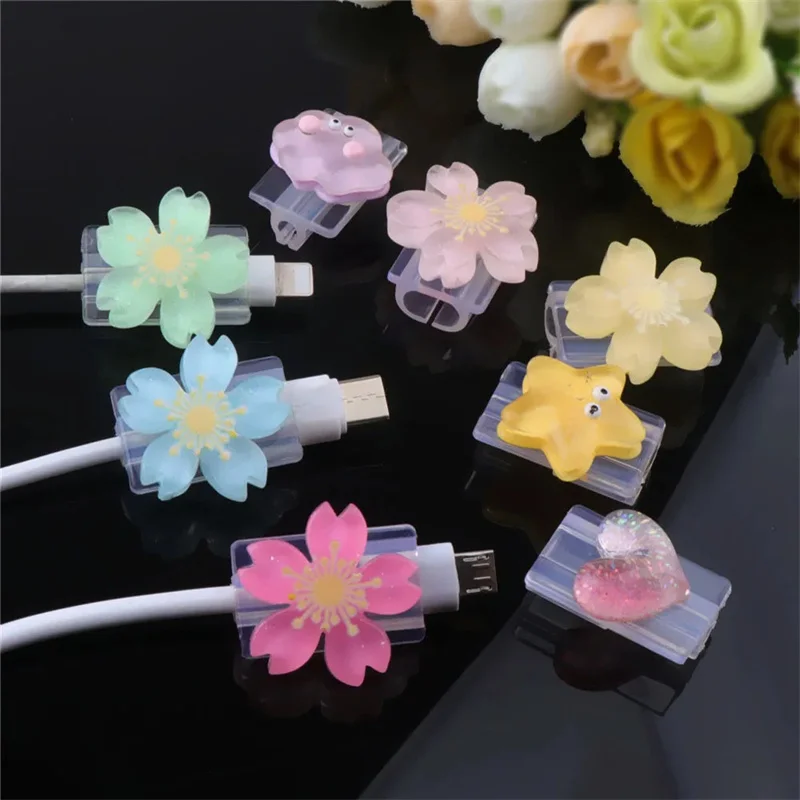 Cartoon Cute Protector Cover Candy Color Flowers Charger Protector Organizer Kawaii Data Line Cord Winder For iPhone Anti-break