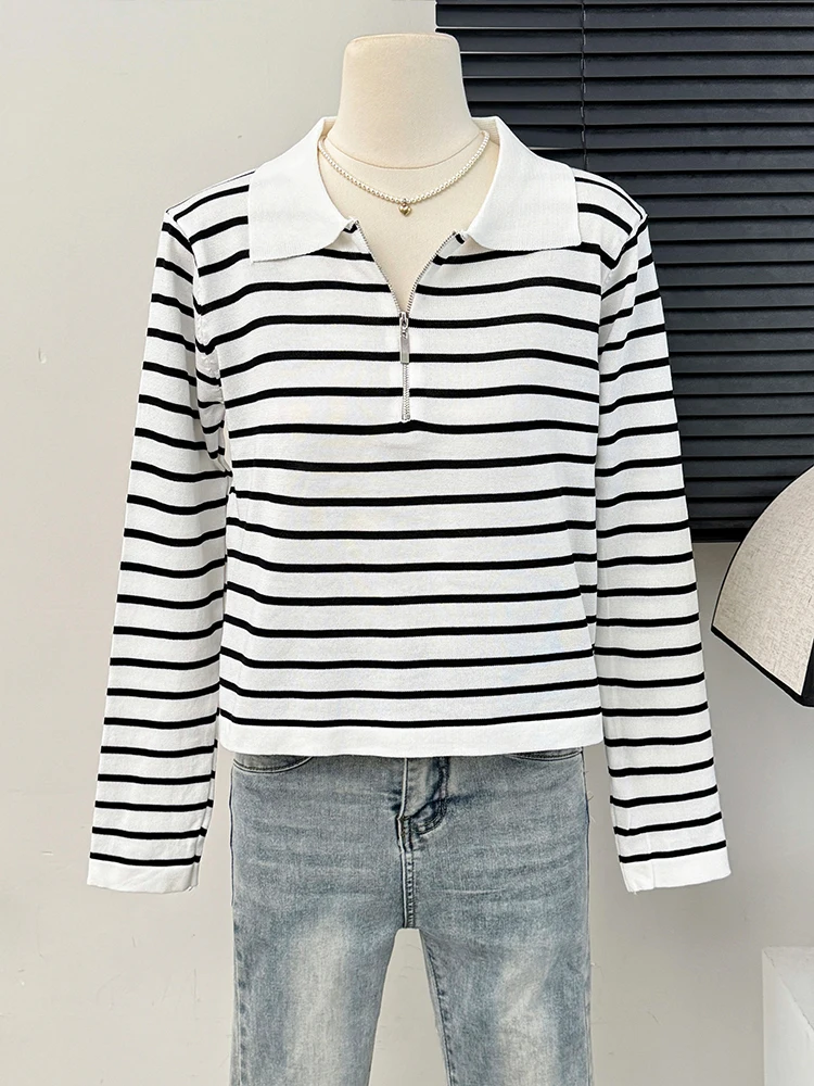 2024 New Retro Contrast Striped T-shirt For Women Autumn Winter Long Sleeved Lapel Knitwear Loose Zipper Female Bottoming Tops