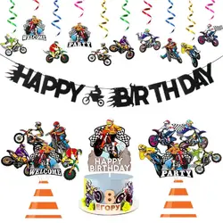 42Pcs Dirt Bike Return Party Decoration Kit Teens Favor Happy Birthday Banner Motorcycle Cake Topper With Swirl Hanging Supplies