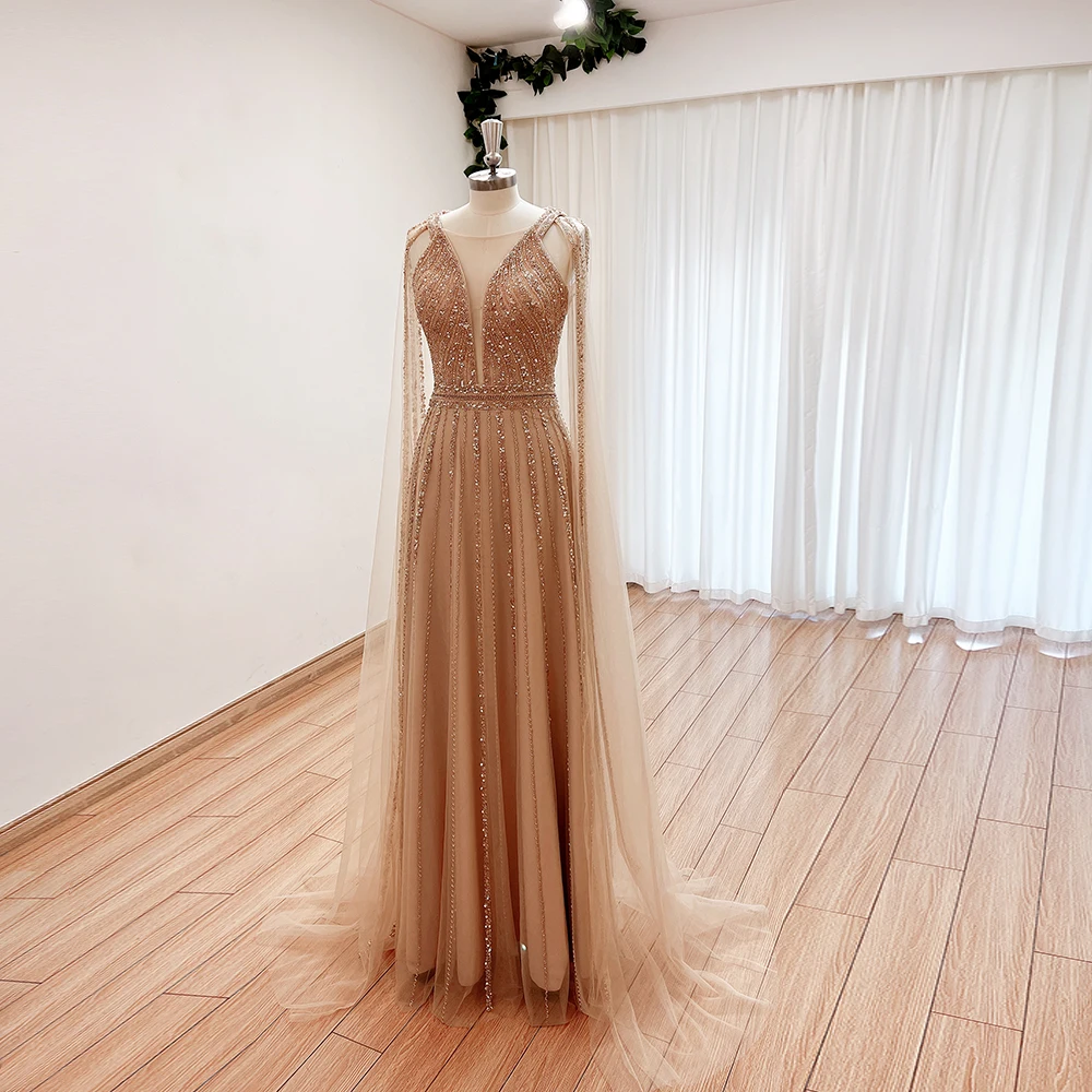 Luxury Aline Beads Evening Dress for Women 2024 with Cape Sleeves Elegant O Neck Long Formal Prom Wedding Party Gown Customized