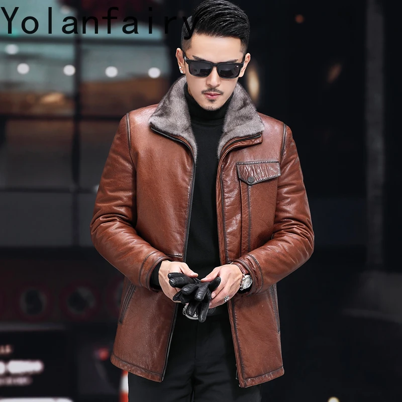YOLANFAIRY High Quality Oil-wax Sheepskin Genuine Leather Jacket Men Winter Luxury Whole Mink Fur Liner Coat Man Fur Jacket 2025