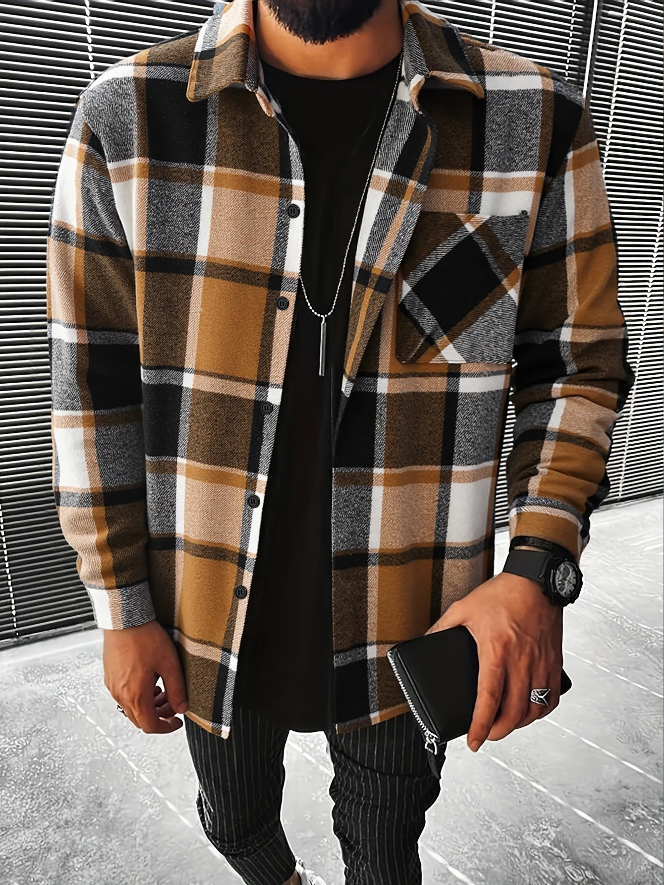 

Men's Plaid Shirt Jacket Open Front Cardigan Coat Casual Fashion Outerwear Long Sleeve Button-Up Jacket
