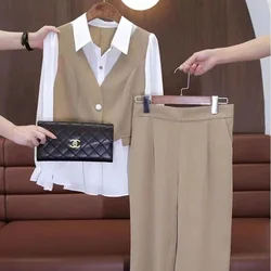 Autumn Suits 2025 New Women's Design Fake Two Pieces Shirt Slim With Long Sleeves Top And Trousers 2 Pieces Set Female Elegant