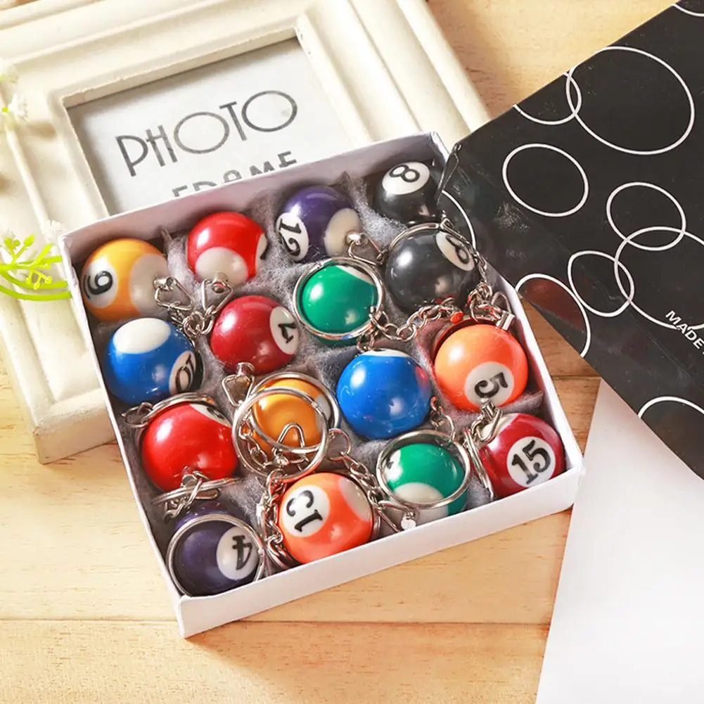 16pcs/Set Mini Billiards Shaped Keyring Assorted Colorful Billiards Pool Small Ball Keychain Creative Hanging Decorations
