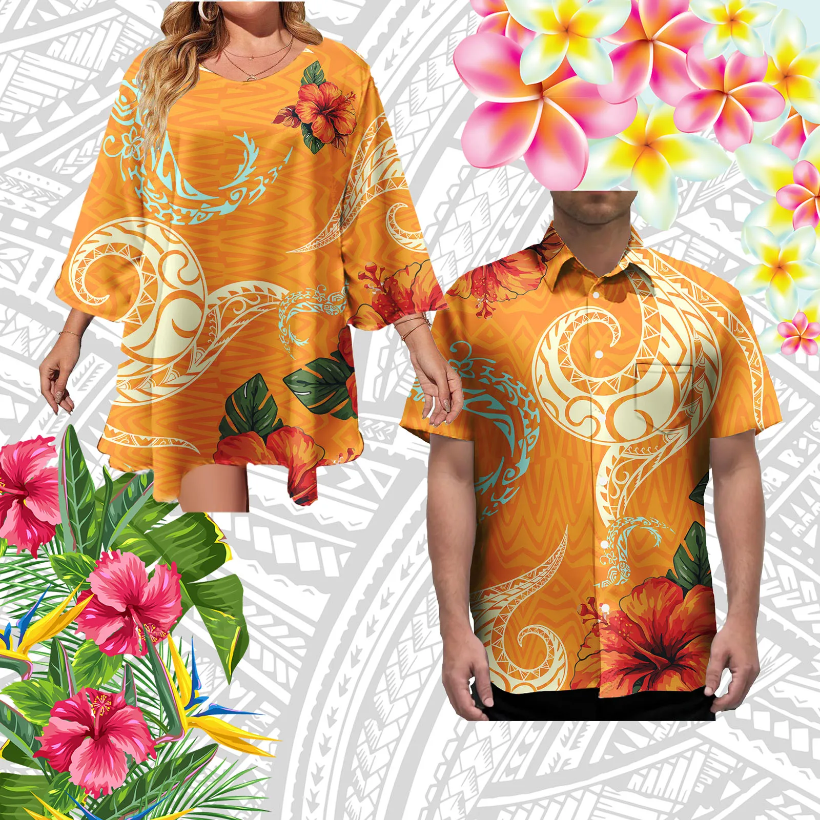 Samoan Lovers Sets Elegant Casual Oversized Tops & Skirts Match Men Hawaii Leisure Shirt Hawaiian Couple of Set