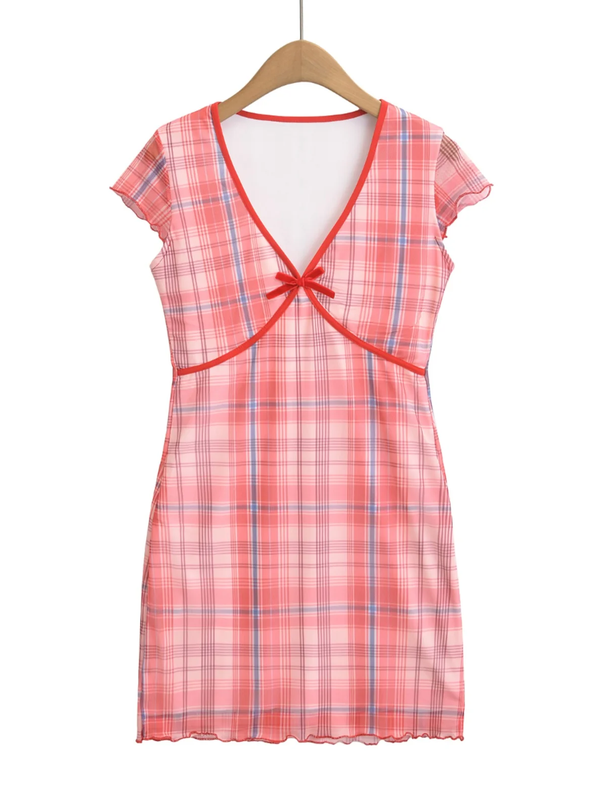 

Pure Desire Red Plaid V-ne ort Sve Me Dr Women Sexy Waist-cinching Slimming ort Skirt Hot Girl Sle Summer Dr