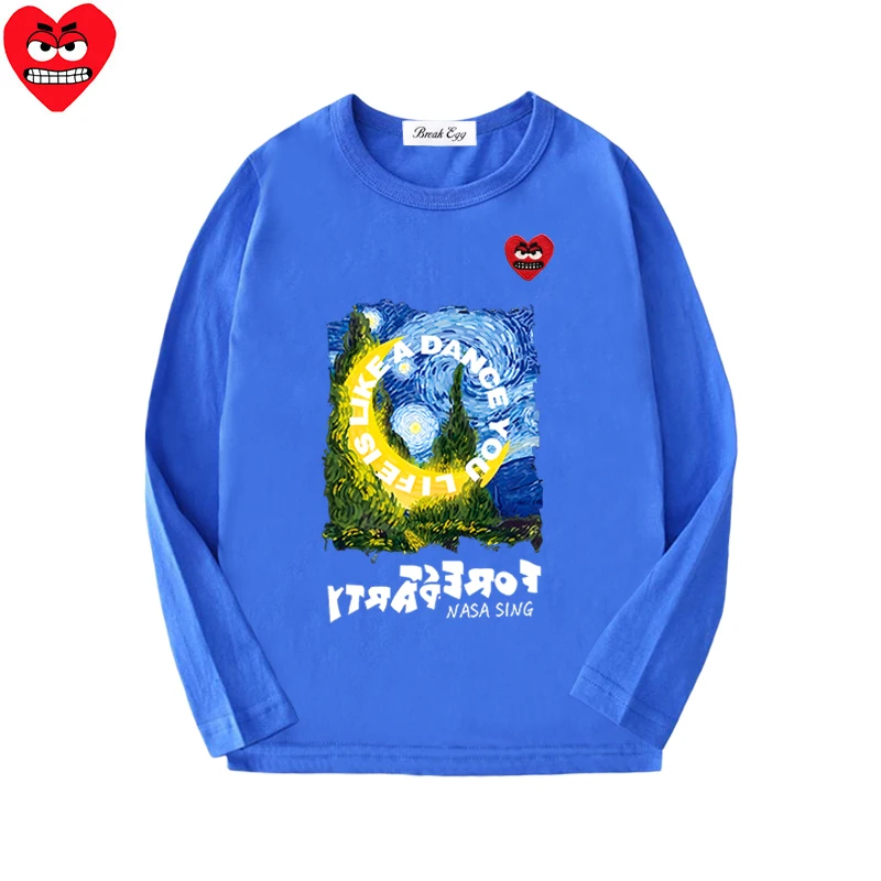 Starry Night Oil Painting Printing Boy Girl T-shirt Cotton Cartoon Red Snag Heart Embroidery O-neck Long Sleeved  Summer T-shirt