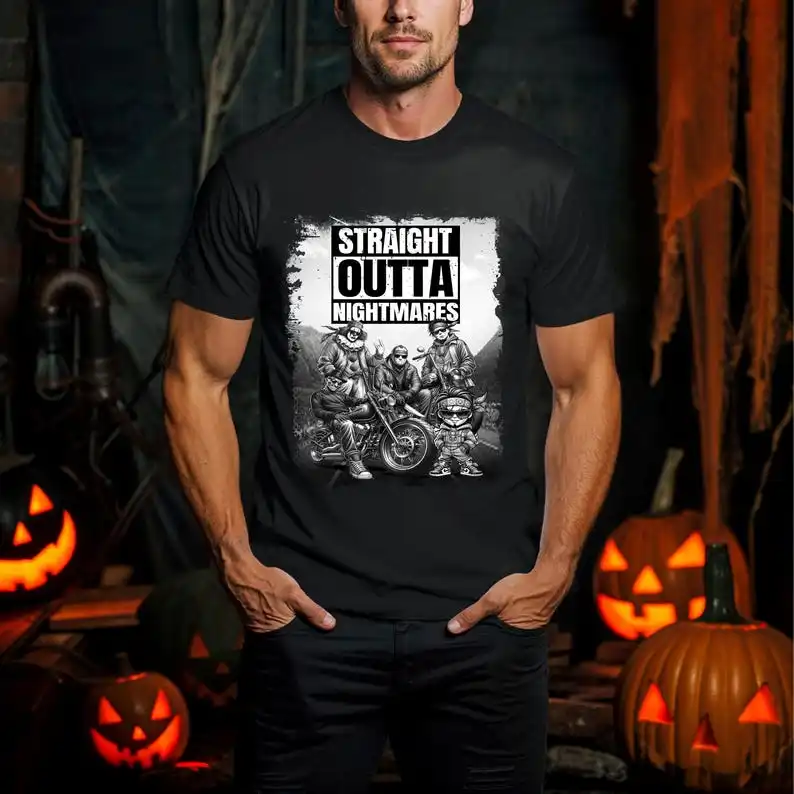 

Straight Outta Nightmares, camiseta gráfica, ropa informal para hombre y mujer, disfraz de Halloween, regalo para amantes de las
