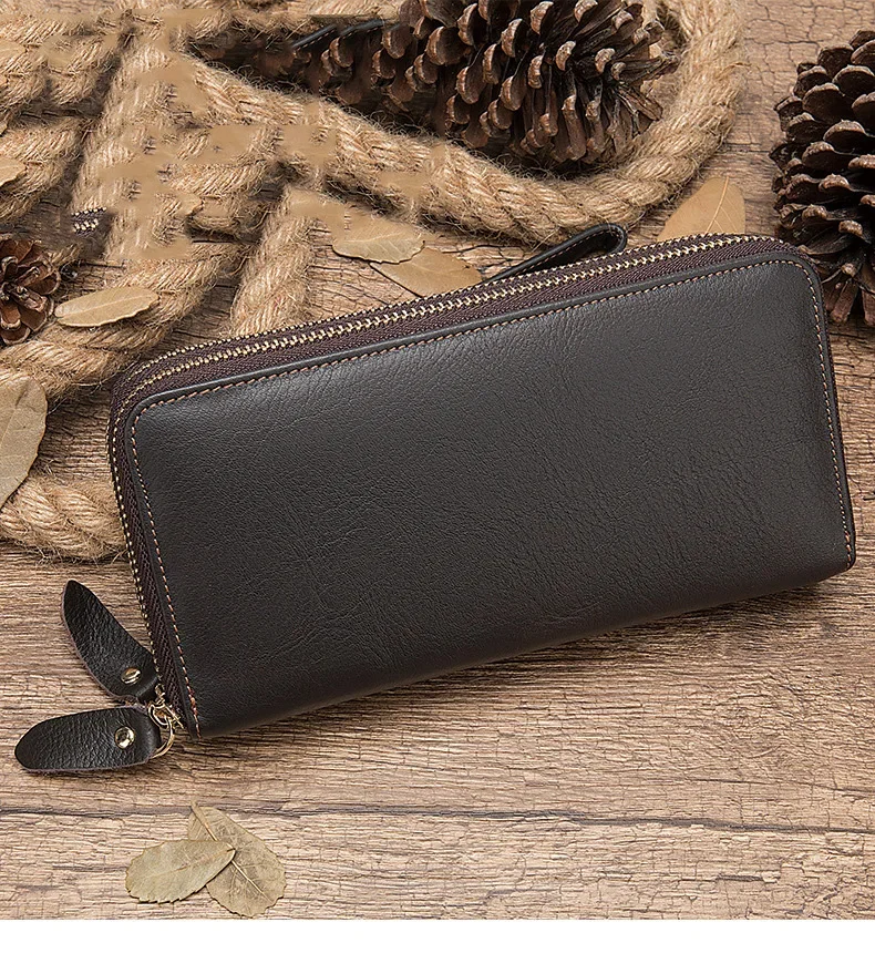 Casual Leather Long Purse Double Zipper Real Cowskin Men's Women's Clutch Large Capacity for cards cash photo phone