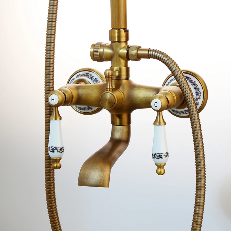 KEMAIDI Antique Brass Retro Vintage Bathroom Shower Faucet Set Wall Mounted Rainfall Shower Head Bathtub Mixer Shower Systerm