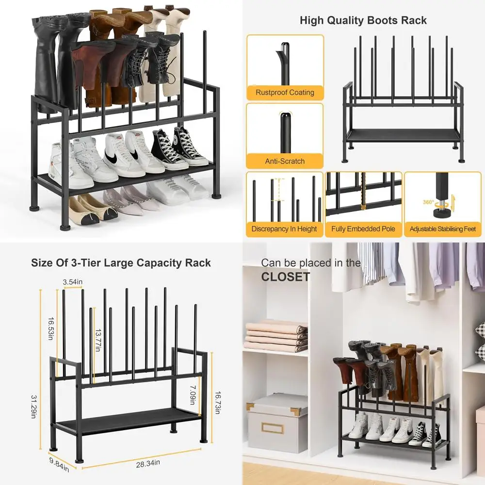 

3-Tier Black Metal Shoe Rack for Tall Boots, Sneakers, and Closet Storage, Holds 6 Pairs