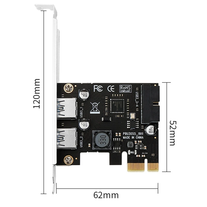 Adaptador PCI-E a USB 3,0 2 puertos PCI súper rápido para tarjeta expansión con conector interno 19 pines para