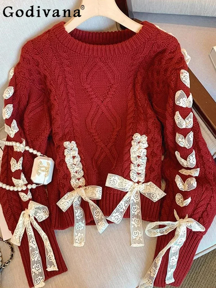 Christmas New Year Red Knitted Sweaters for Women Girly Sweet Bow Lace-up Loose Casual Knitwear Long Sleeve Top Pullovers Mujer