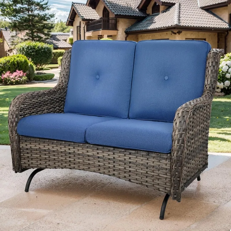 

Patio Double Recliner Wicker Double Recliner Rattan Glider Sofa with Curved Arms Thick Back and Cushions