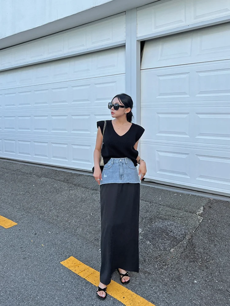 

JHJN Korean Chic Skirts for Women Patchwork Denim Contrast Color Jupe Casual Fashion Bodycon Summer Skirt Faldas Mujer De Moda