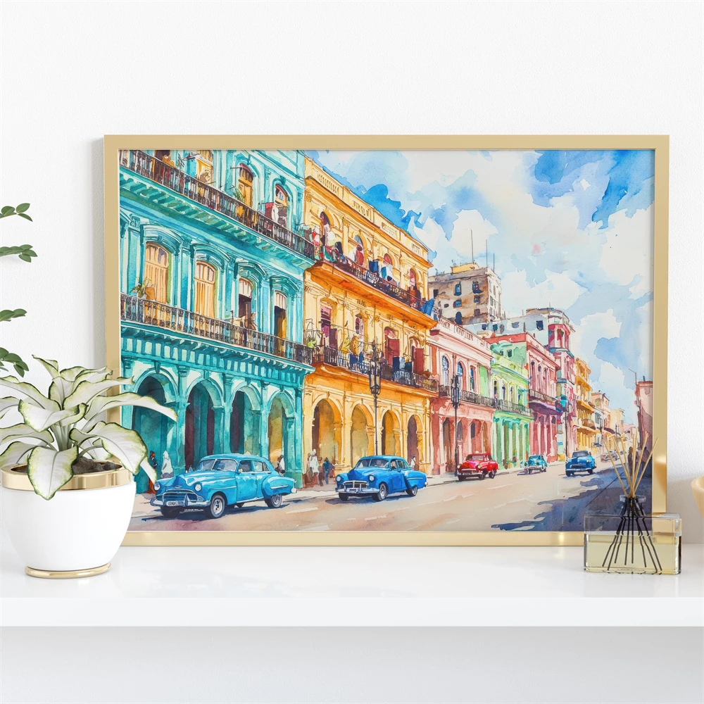 (Aucun cadre) Affiche aquarelle Cuba, impression de voyage aux Caraïbes, peinture sur toile de rue de la Havane, art mural d'architecture coloniale, île D