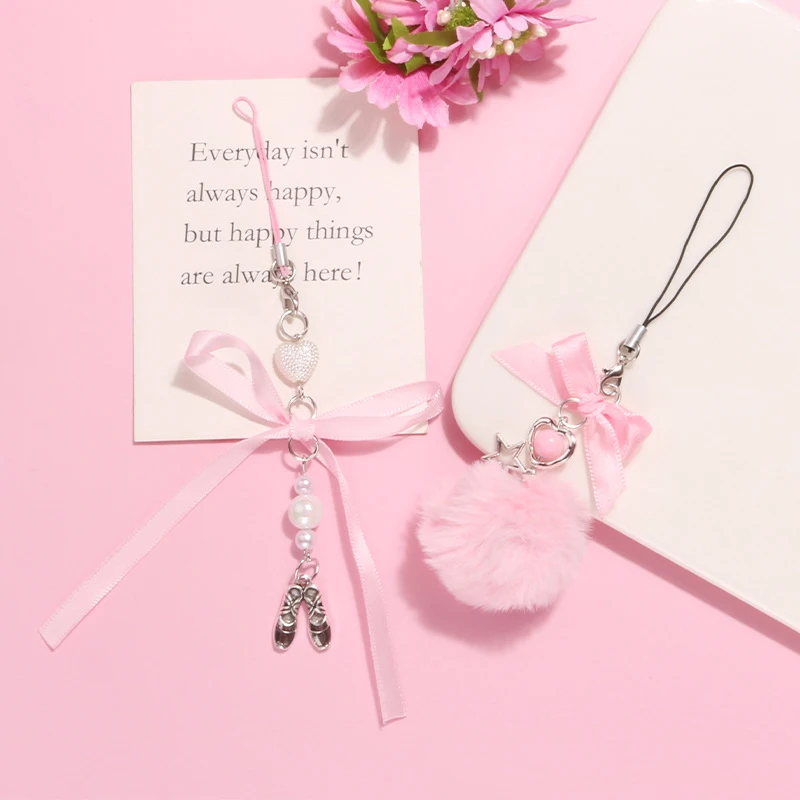 Phone Charm Phone Strap Ornament Delicate Pink Ball Woven Ribbon Bow Keychain Pendant Ribbons Bowknot Keyring For Bags Backpacks
