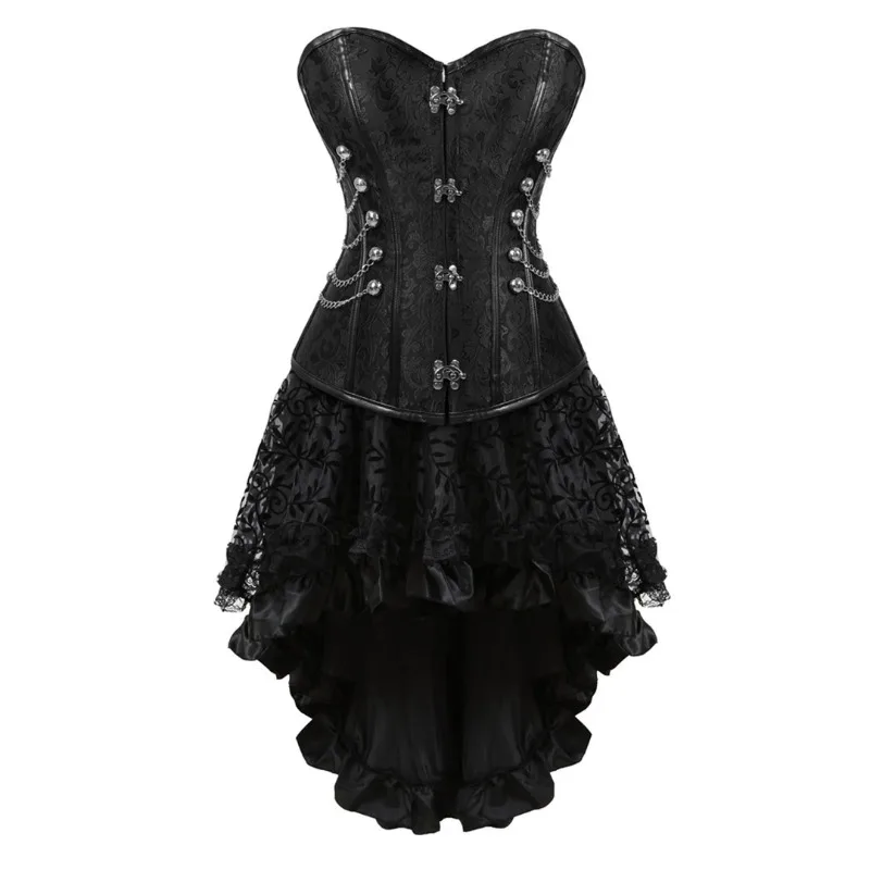 Steampunk Corset Bustier Dresses Skirt Set Burlesque Basques Women Plus Size Vintage Pirate Brown