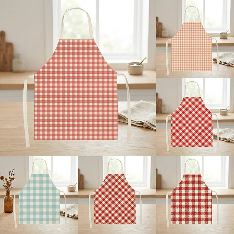 

Classic Gingham Plaid Kitchen Apron Women Men Vintage Checkered Linen Bib Cooking Baking Farmhouse Waitress Uniform Pinafore