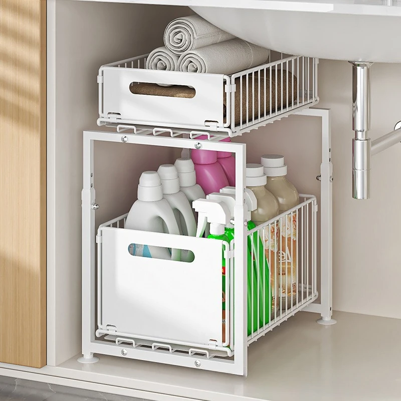 

Double Layer Spice Snack Bottle Can Organizer Cabinet Kitchen Sink Storage Racks Pull-Out Basket Multi-level Shelf Under Cabinet