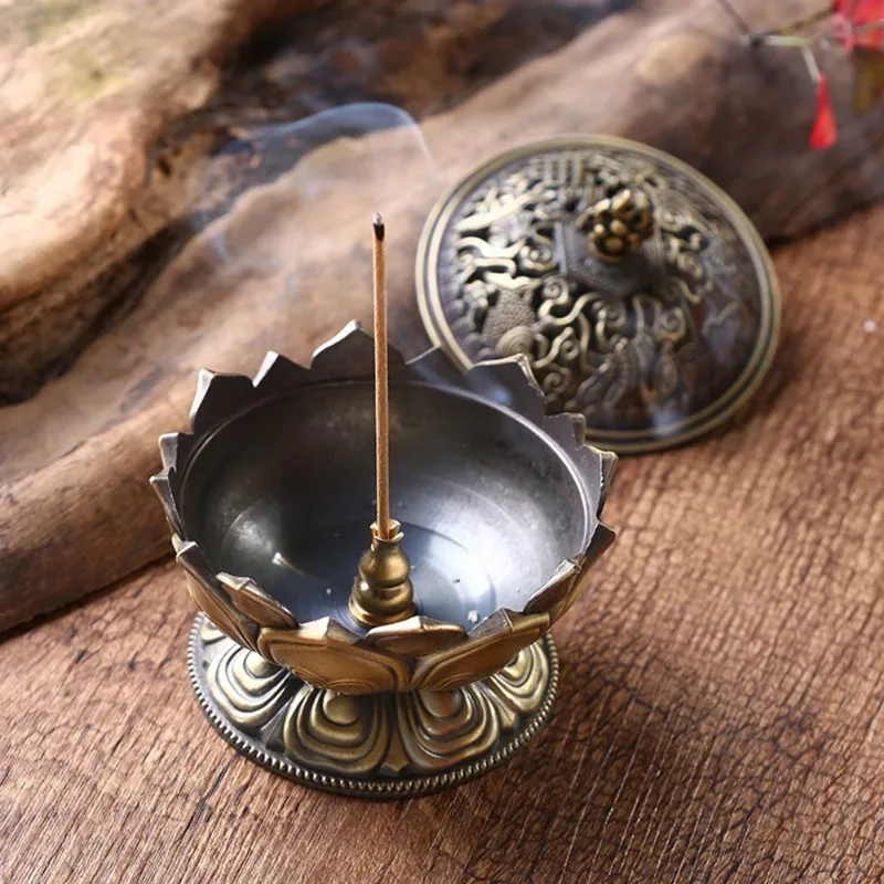 Vintage Copper Lotus Incense Burner Eight Treasures Zinc Alloy Aromatherapy Burner Sandalwood Incense Stove