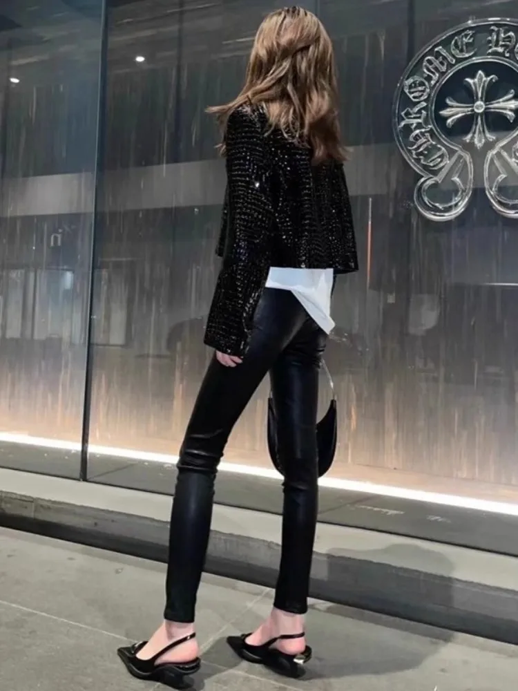 Jesienna kurtka damska z naturalnej skóry owczej w jaskrawych kolorach, wzór krokodyla, modny kołnierz wykładany, krótki płaszczyk z prawdziwej skóry lakierowanej.