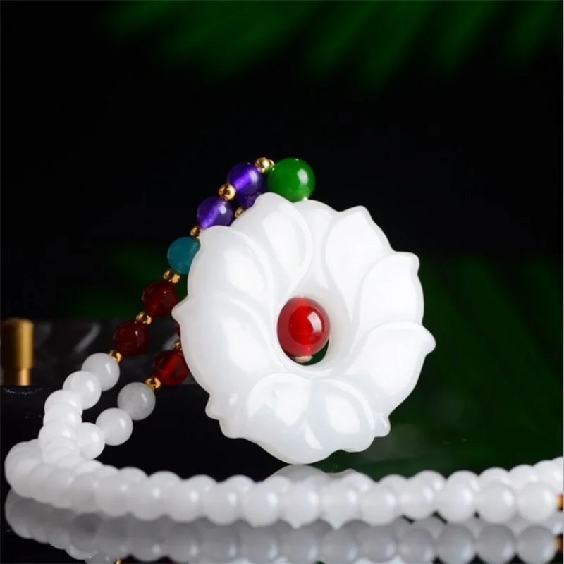 

Xinjiang Golden Silk Jade White Jade Lotus Sweater Chain Women's Jade Pendant Fashion Versatile Jade Pendant Factory Direct Sale