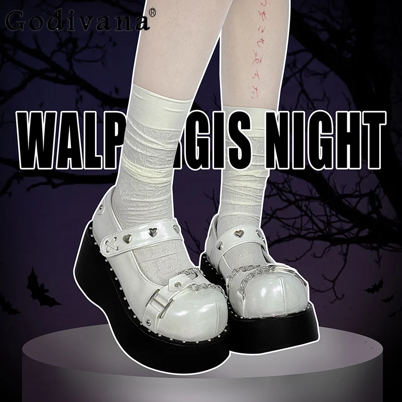 Zapatos originales de cuero de suela gruesa para mujer, zapatos de punta redonda de Lolita dulce y fresco, zapatos blancos y negros de verano para mujer