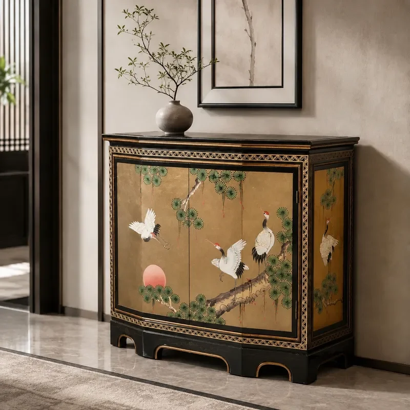 Gold Foil Two Door Cabinet Hand Painted Pine Wood Foyer Storage Console Table Decorative Entrance Hallway Furniture