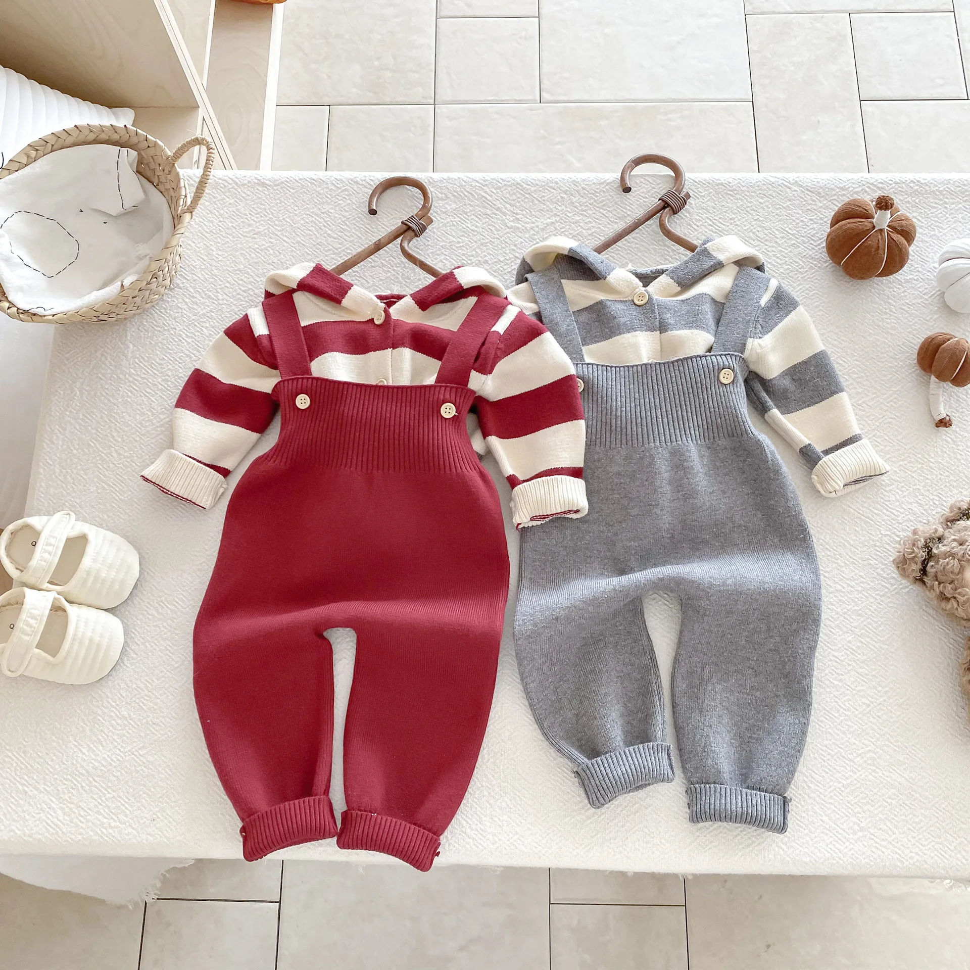 

2025 Autumn New Baby Long Sleeve Knitted Set Infant Boy Girl Striped Hooded Sweater Coat + Overalls 2pcs Suit Toddler Casual Set