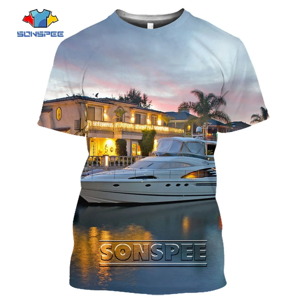 SONSPEE  Summer Beach Leisure Boat T-Shirt 3D Printing Mega Yacht Casual Clothing Men Women Man Oversized Tshirt Kids Tops