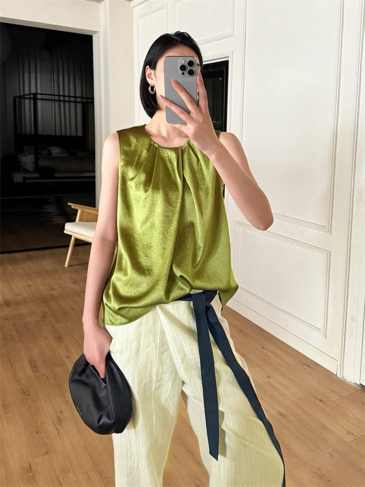 

New 2025 Acetate Texture Folded Svel round Ne Vest Drapey Simple Match All High-End round Ne Design Original Pattern