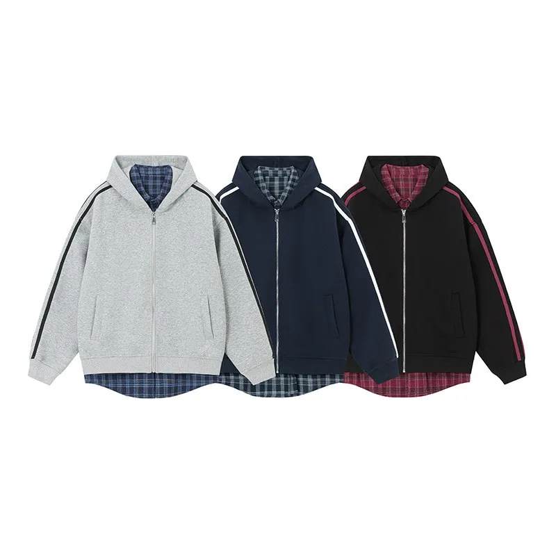 

ex Plaid Hooded Cardigan Sweatirt Spring Casual Versatile Cheered Print All-Match Spring Autumn Season Outerwear