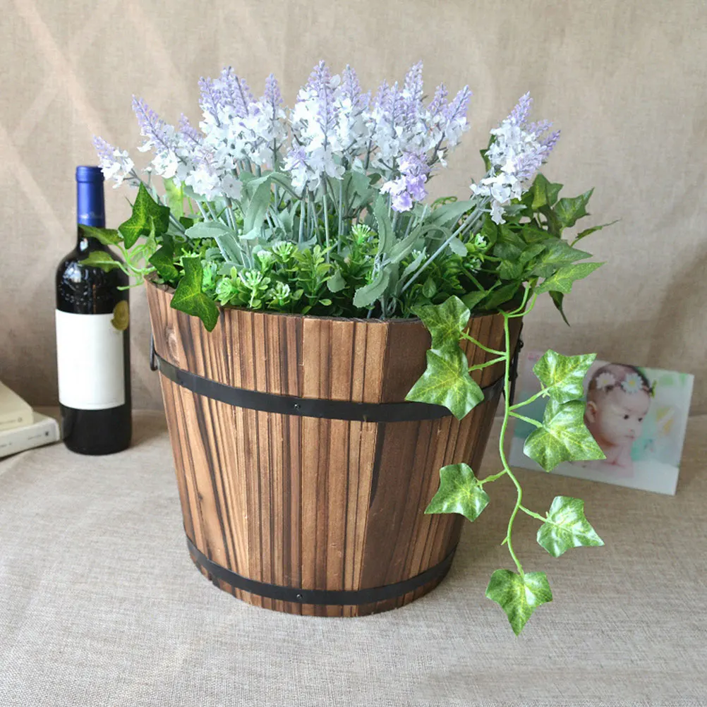 Big Flower Pots Outdoor Large Decor Wood Barrel With Handles Flowerpot Desktop Vase Vintage Style Bucket Shape Planter