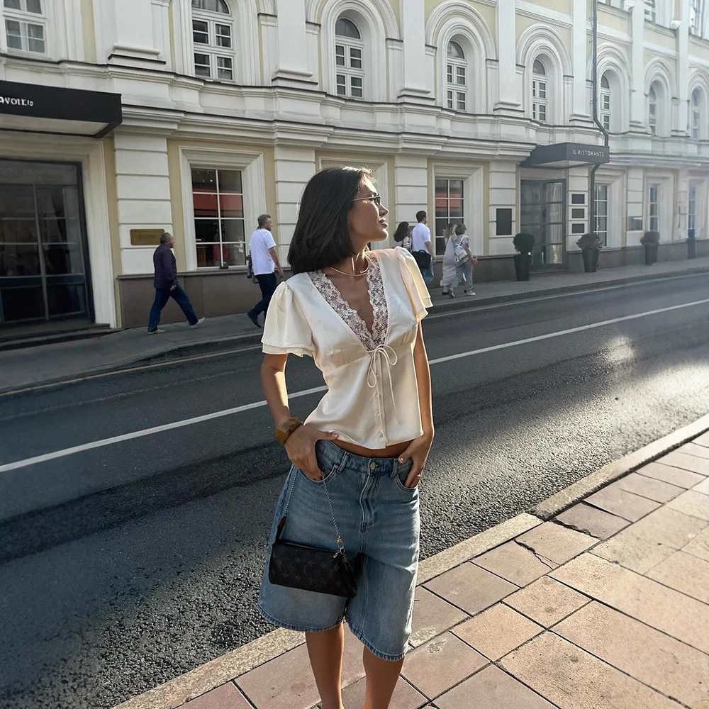 Women Blouse 2026 Summer Women Lace Trim Tie Detail Crop T Shirts Slim Waist Figure Flattering Hot Girl Short Sleeve Tops