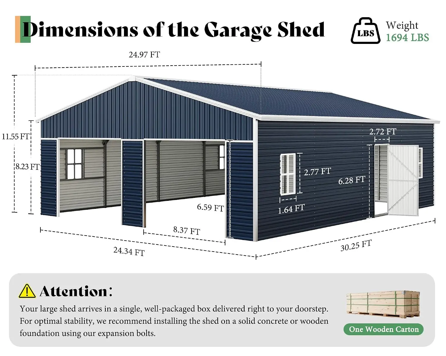 25x30x11.5 FT Outdoor Metal Garage Shed with Front Double Doors, Customized