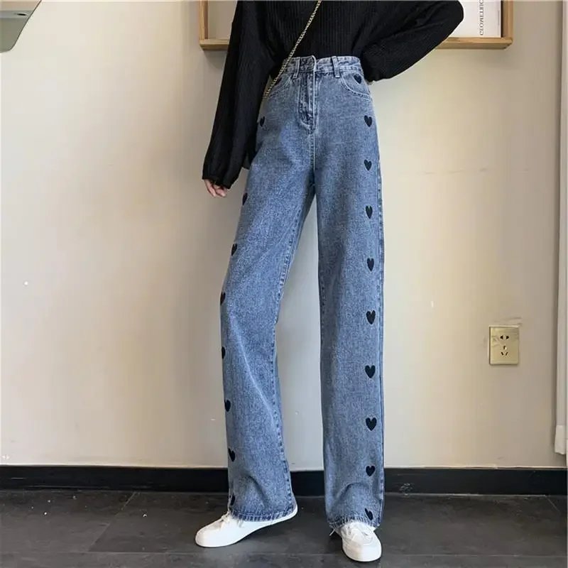 

Trousers Embroidered Womens Jeans with Hearts Pants for Women High Waist Shot Straight Leg Cowboy Stylish Denim Pant New in Z A