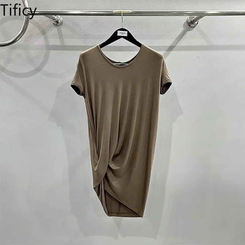 TIFICY Women 24 Spring/Summer Dark Black Solid Color Design Pleated Comfortable Fabric Fitted Short Sleeve T-Shirt