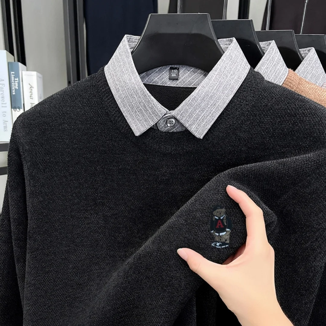 Maglione da uomo in maglia con stampa orso di alta qualità risvolto falso in due pezzi addensare pullover inverno moda strada versatile abbigliamento da uomo caldo