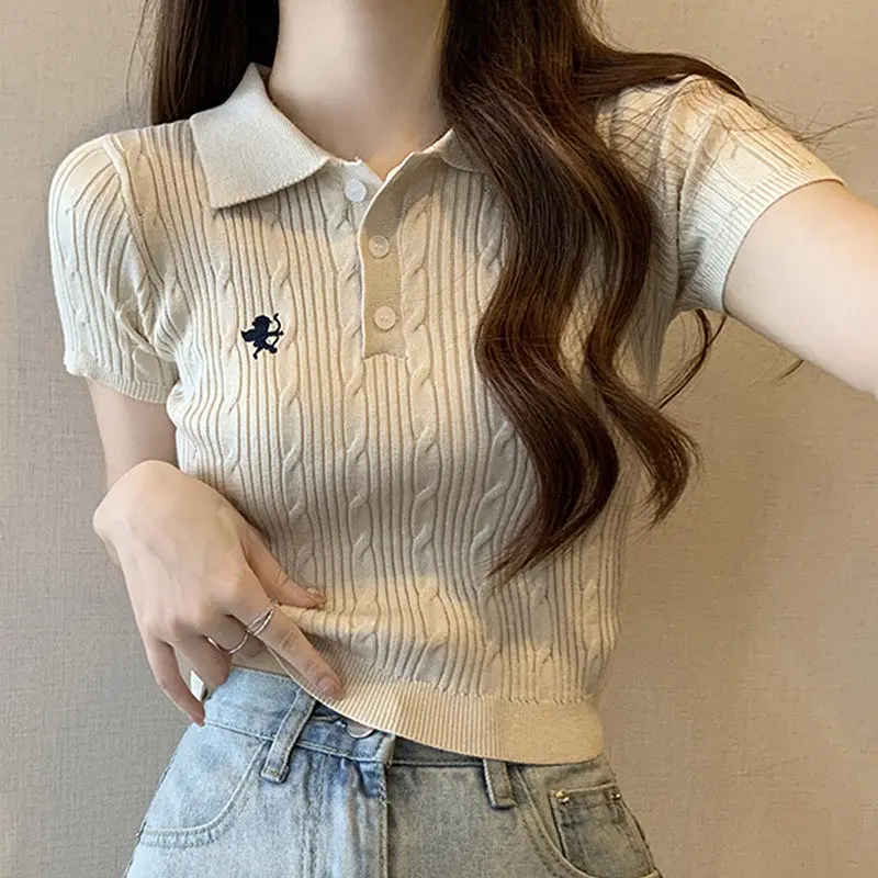 Rib Knit Polo Shirt Women Short Sleeve Polo-Collar Blouse with Embroidered Angel Crop Top SchoolGirl Golf Tennis Core