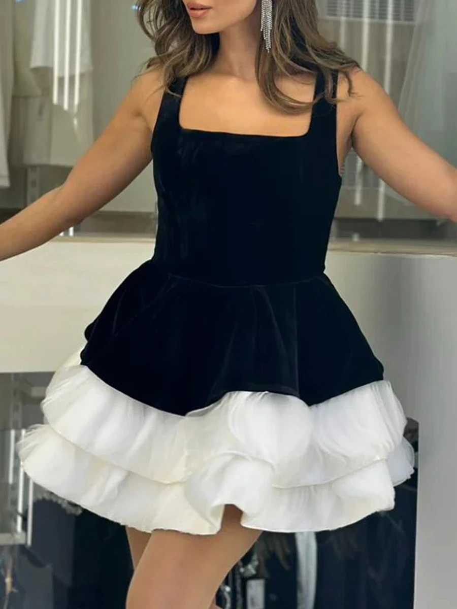 VGH 섹시 파티 히트 컬러 벨벳 미니 드레스 여성용 스퀘어 칼라 민소매 패치워크 레이어드 메쉬 케이크 드레스 여성 스타일