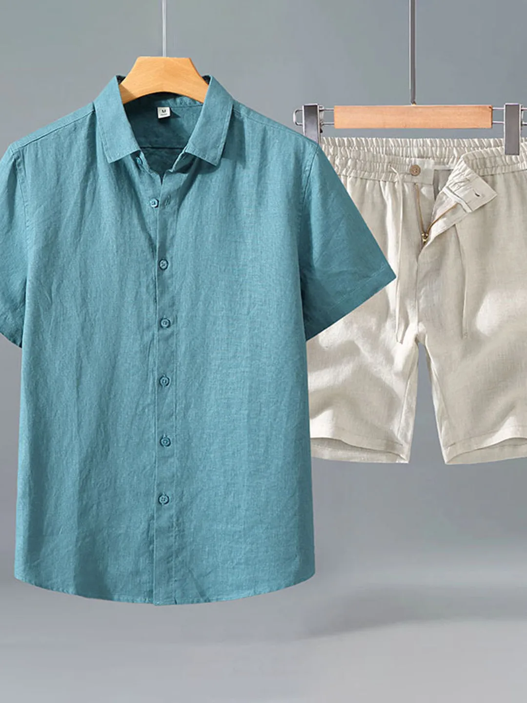 

Pure Linen Short Sleeve Shirt Casual Pants Men's Simple Summer Thin Casual Set Loose Shorts Four Seasons Wear for Middle-Aged