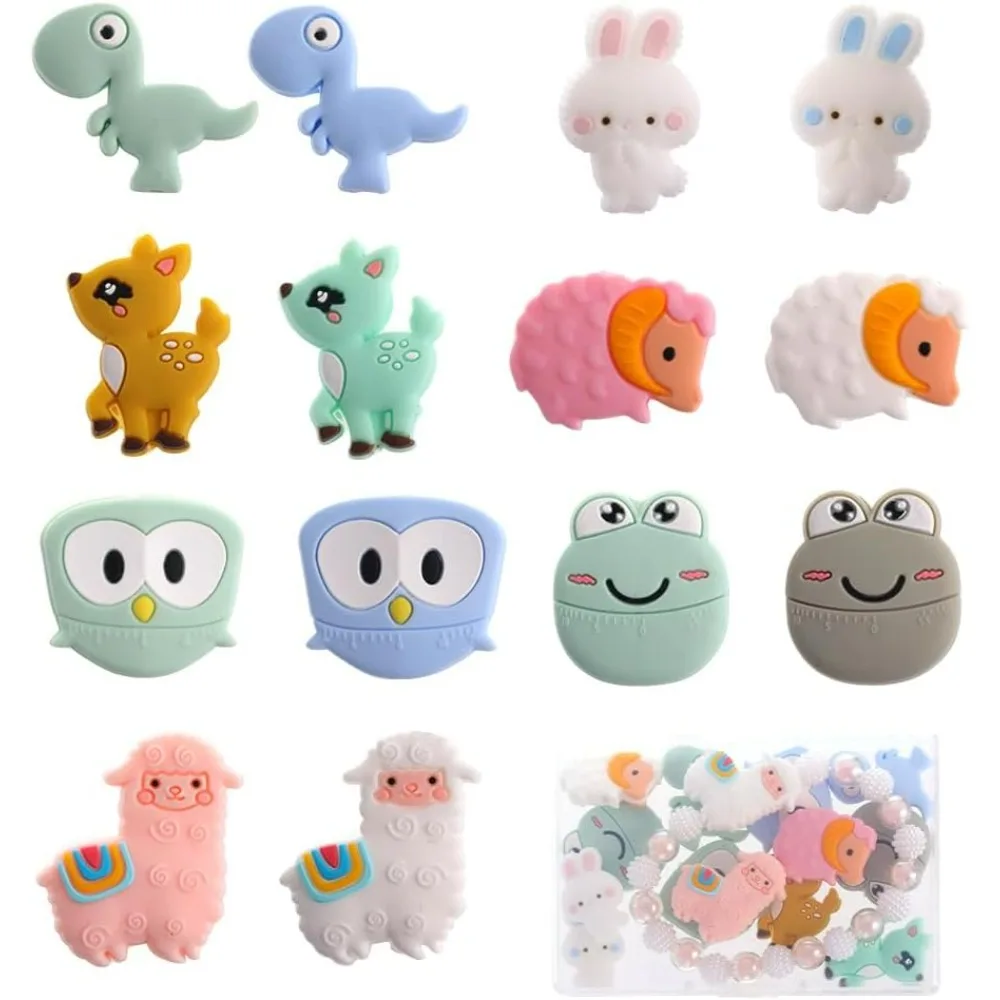 

1 коробка, 14 шт., силиконовые бусины в виде животных, милые силиконовые фокусные бусины, объемные кролики, овцы, лягушки, большие бусины, сова, разноцветные резиновые массивные бусины