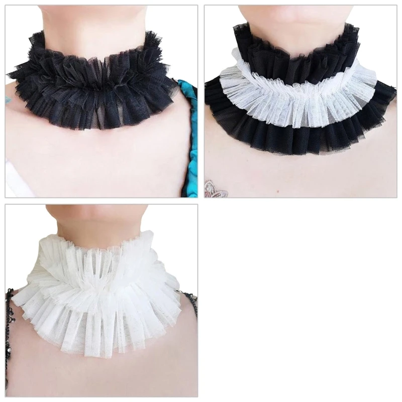 Women Vintage Mesh Ruffled False Collar Halloween Costume Ties Up Chokers Shawl