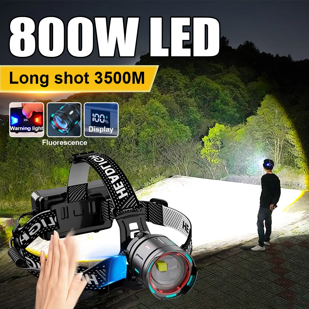 Powerful Led Head Flashlight Zoomable High Power 800W LED Headlamp Lightning+Type-C Rechargeable Torch Waterproof Long Shot