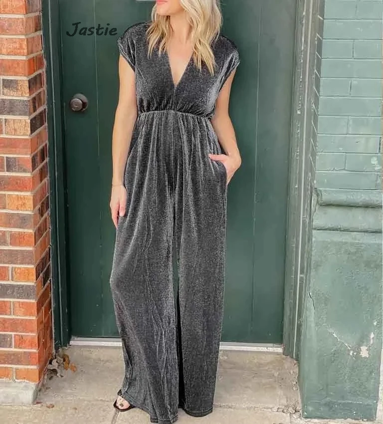 

Solid Deep V Neck Tie Jumpsuit Women Fashion High Waist Slim Thin Wide Leg Pants Sets Loose Casual Street Style Long Jumpsuits