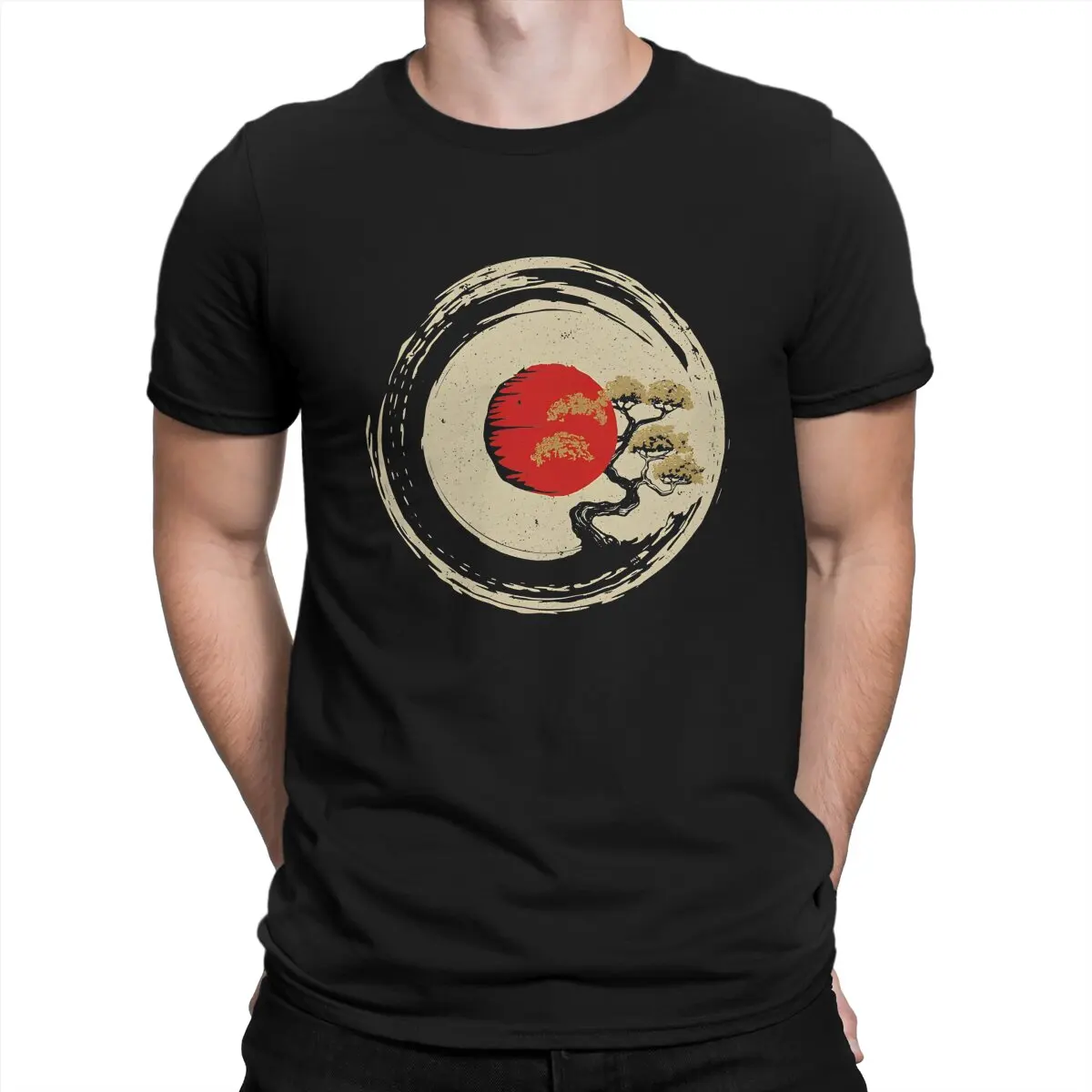 Enso Kreis und Bonsai Bonsai Baum in japanischen Zen buddhistischen Enso Kreis Baumwolle T-Shirt Vintage Grunge Herren T-Shirt O-Neck Männer