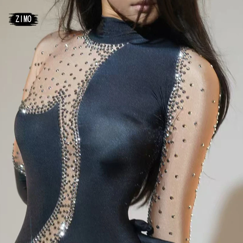 Mono y guantes negros sexys con diamantes de imitación, trajes de manga larga para fiesta de cumpleaños, club, cantante, escenario, baile en barra, drag queen